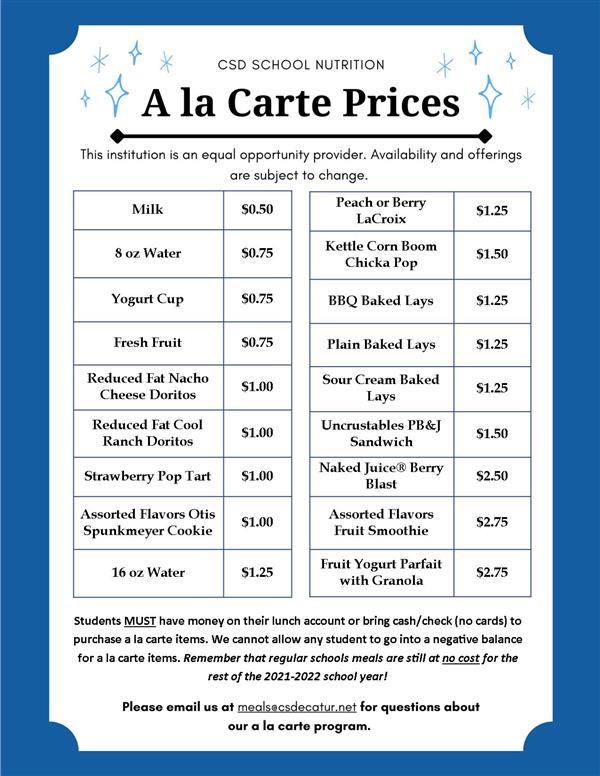 A la Carte Pricing Sheet A la Carte Pricing Sheet